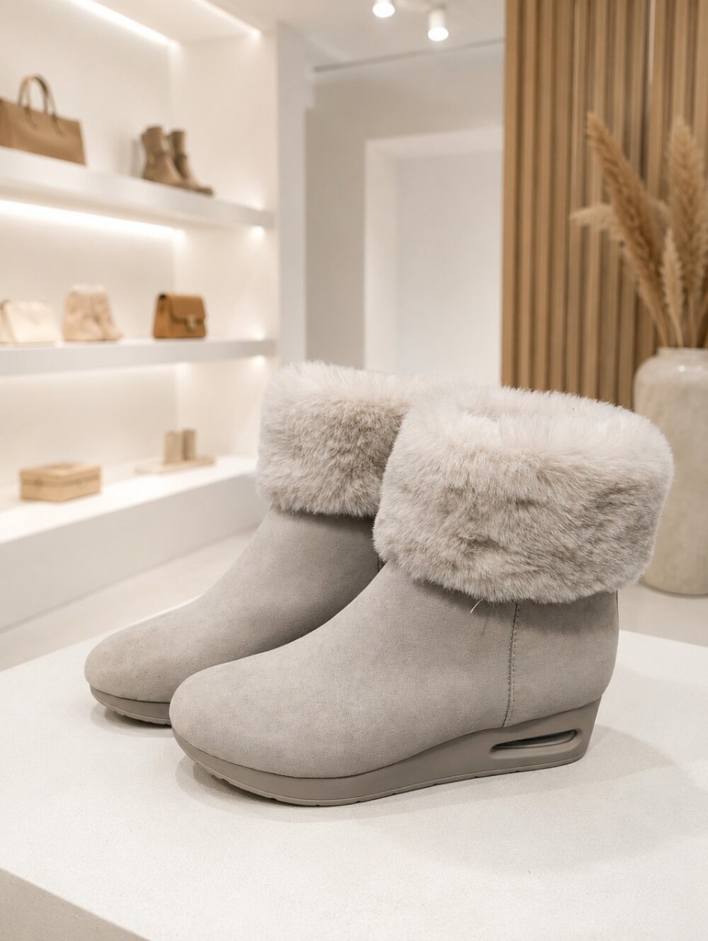 DKNY Light Gray Faux-Fur Cuff Wedge Ankle Boots